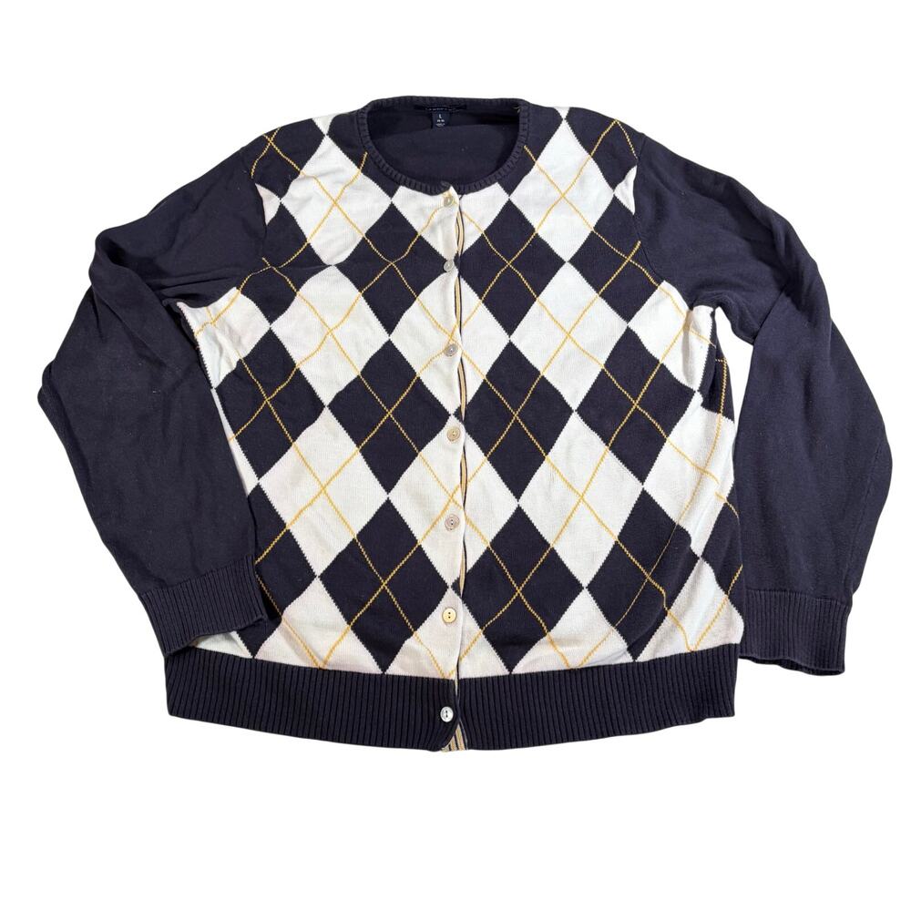 Lands end womens navy white argyle cardigan. Size L. preppy, academic, career